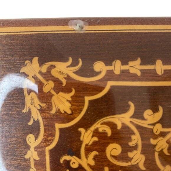 Vintage Wooden Inlaid Music Jewelry Box Ornate Floral Design Red Velvet MCM - Picture 8 of 12
